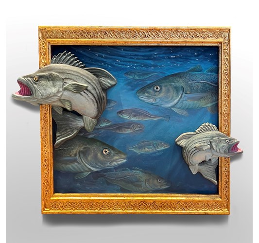 Ryan Davis - “Gone Fishing” 2024 - Oil on shaped panel with custom-made frame - 58 x 70,2 cm, 22,9 x 27,6 in