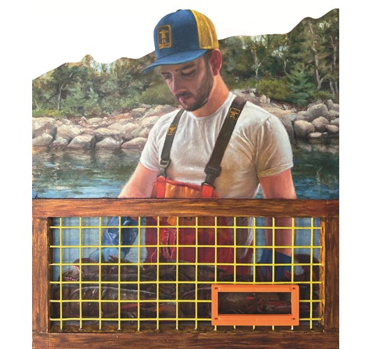 Ryan Davis - “30th Trawl” 2024 - Oil on shaped canvas, mounted to panel, wood, lobster trap wire/vent - 69,6 x 60,7 cm, 27,5 x 23,9 in