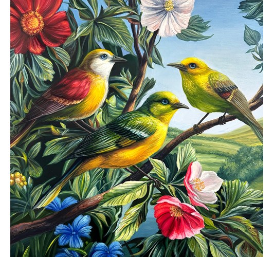Angela Gram - "Three Birds", 2025 - Oil on panel - 41 x 41 cm, 16 x 16 in
