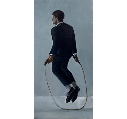 Rebecca Orcutt - “Man Jump Roping” 2024 - Oil on panel - 20 x 10 cm, 8 x 4 in